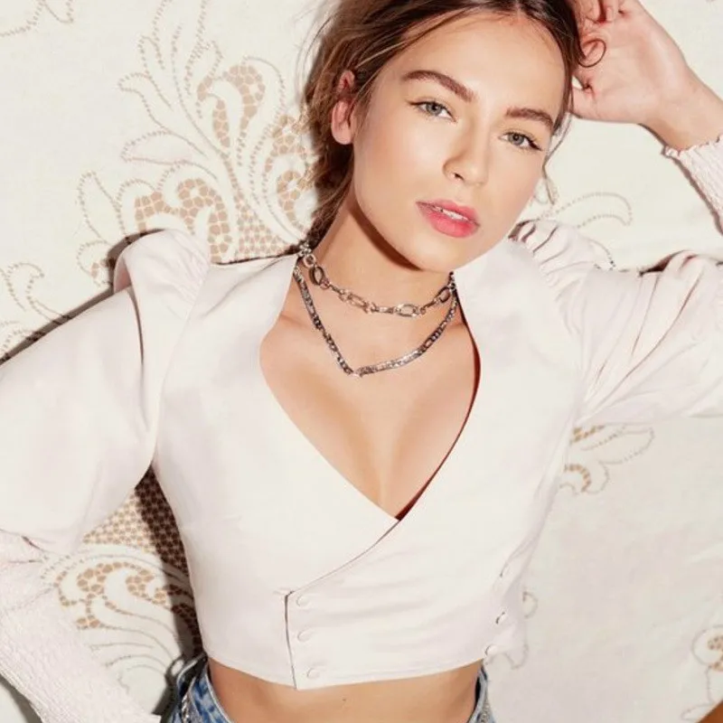 

Double Breasted V Neck Navel Bare Crop Tops Tees Women Autumn Long Lantern Sleeve Casual T Shirt 2019 Slim Fitness Clothing