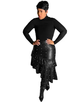 

High Waist PU Leather Skirt Women Plus Size Korean Fashion Peals Beading Asymmetrical Ruffle Skirt Sexy Bodycon Pencil Skirt