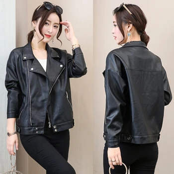 

Leather Women's Short Coat Spring And Autumn 2020 New Korean Motorcycle Student Loose Leather Jacket Bf College Style Bike Moto
