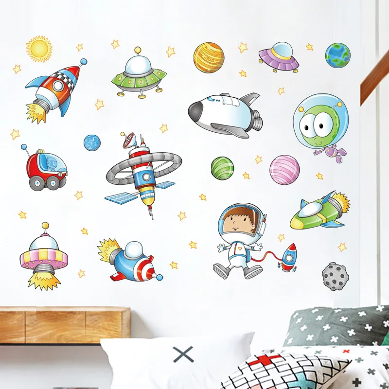 Space astronaut cartoon wall stickers kids room outer space planet galaxy rocket ship decorative wall murals for children rooms