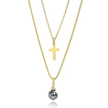 

2mm Layered Gold Stainless Steel Cross Crucifix Pendant Choker Necklace Set Hematite Metal Bead Charm Men Christmas Gift DNM31