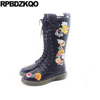 

combat shoes black brand embroidered floral print mid calf military side zip boots female flat flower printed women embroidery