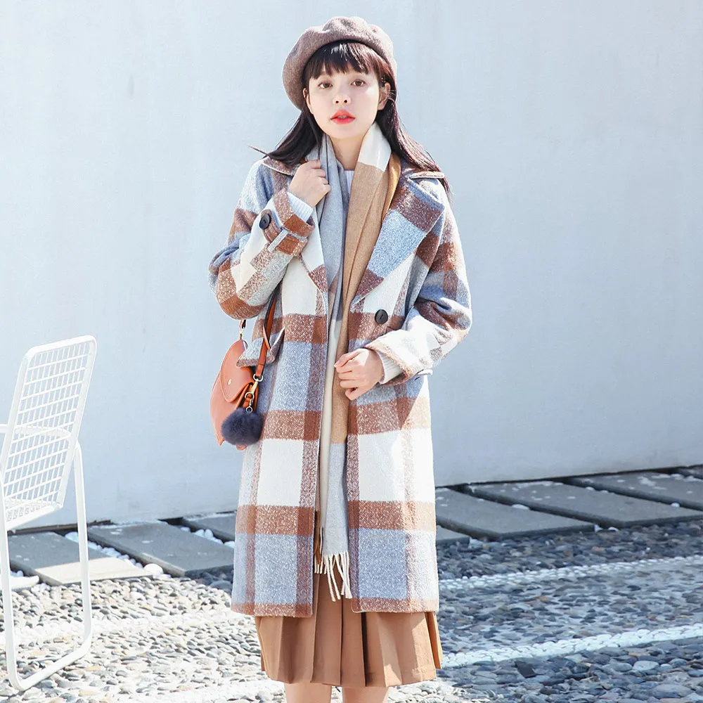 

Winter New Retro Big Plaid Woolen Coat Fashion Long Thickening Outwear Warm Loose Coat