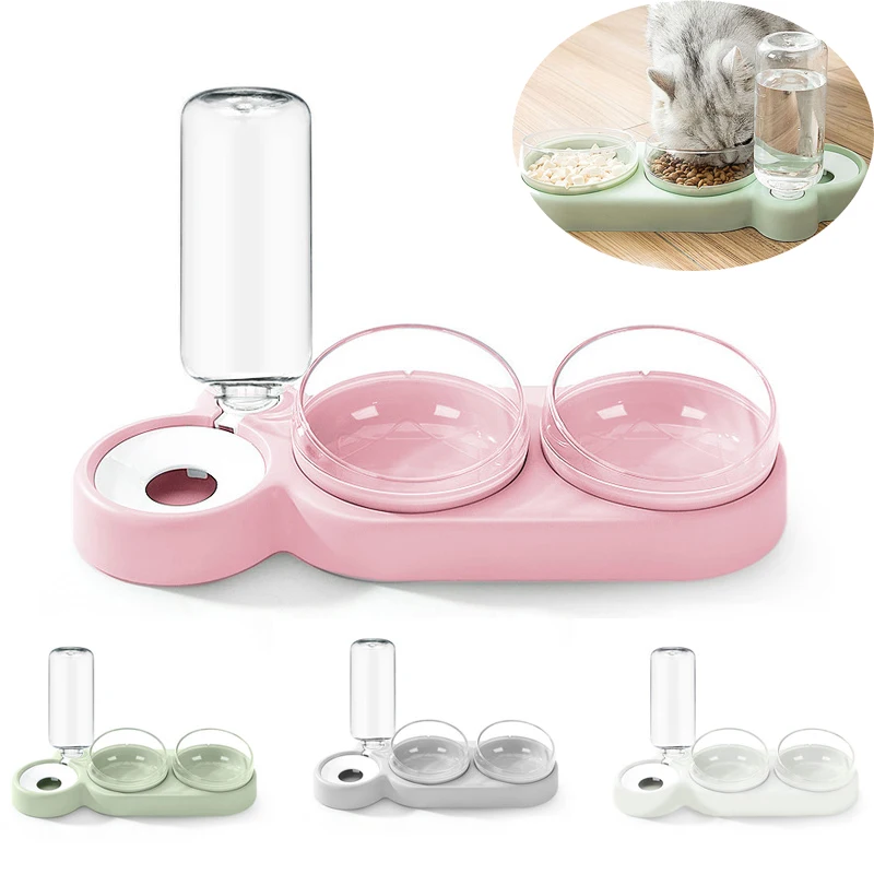 Pet Cat Bowl Drinking Fountains with Auto Double Bowls Pets Food Feeder Container Dispenser for Small Dogs Cats Pet Products