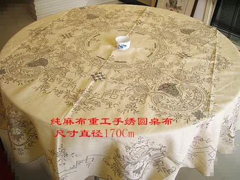 

Export Heavy Industry Hand 100%Linen Embroidered Round Table Cloth Classic Embroidery Collection Home Dining Table Cloth