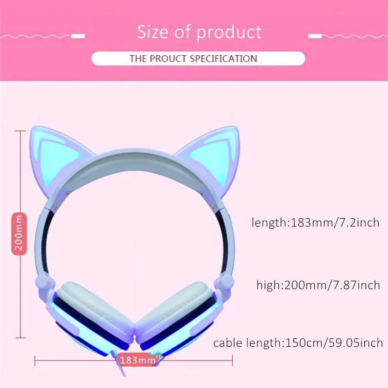 Shoumi Birthday Gift Cat Ear Headset Foldable Flashing Cute Cat Children Headphones Wired Music Earphone For Kids Birthday Party