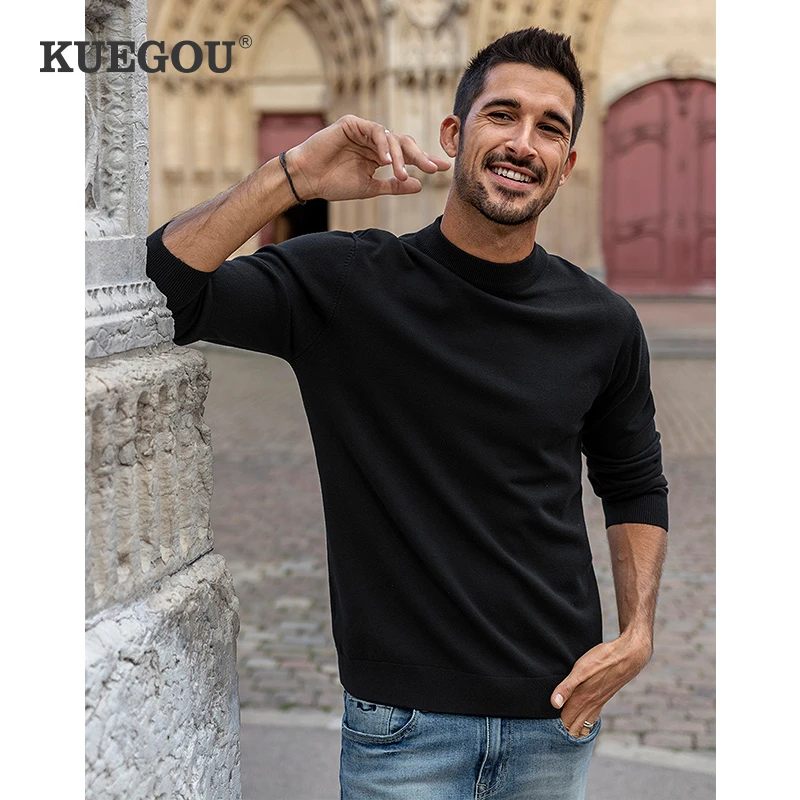 KUEGOU de Primavera de 2021 blanco liso, negro, gris, suéter hombres Jersey Casual para hombre marca de ropa estilo coreano 2208