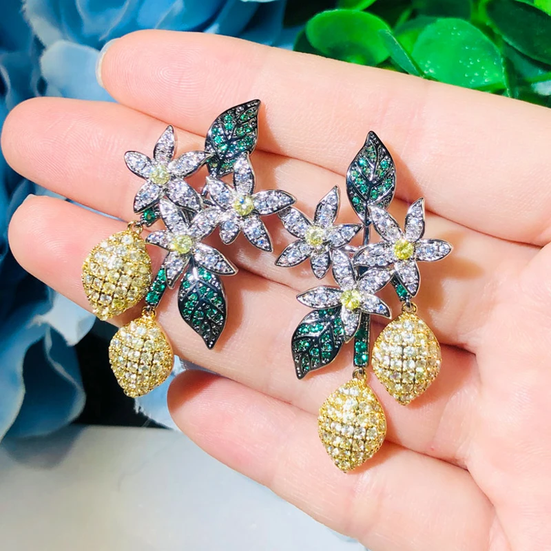 BeaQueen Luxury Designer Yellow Green Cubic Zircon Leaf Flower Hanging Drop Earrings 3 Tones Black Gold Color Boho Jewelry E377