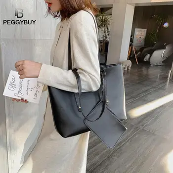 

2pcs/set Casual Leather Women Shoulder Bag Pure Color Large Handbag Clutch Solid Color Ladies Girls Casual Messenger Bags