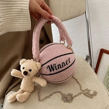 

Lamb wool basketball purse 2020 women new autumn and winter crossbody round ball fashion with pendant shoulder handbag