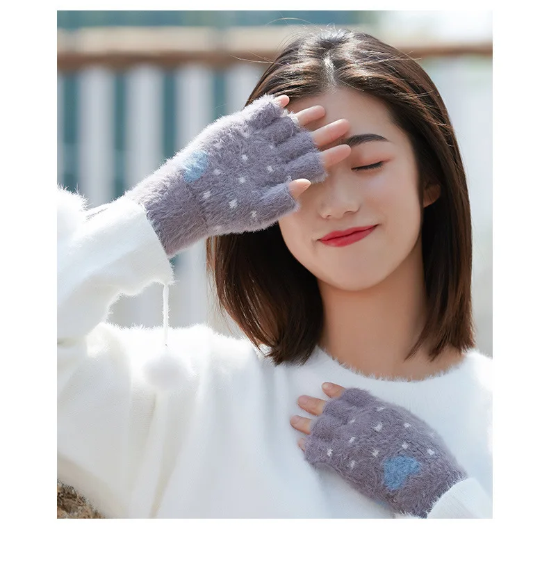 Fashion Love Heart Gloves For Men Full Finger Knitted Gloves Winter Warm Women Half Finger Mittens