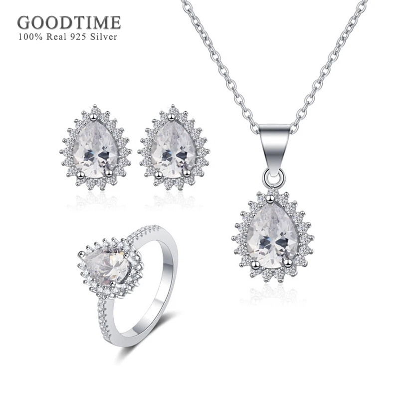 

Luxury 925 Sterling Silver Bridal Jewelry Sets Waterdrop Rhinestone Zircon Necklace Earrings Ring Gift For Women Wedding Party