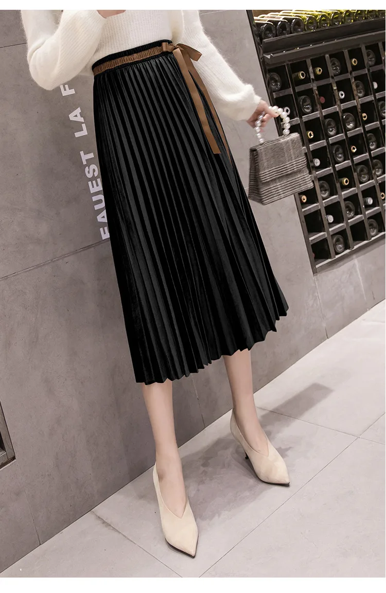 Корейская версия юбка плиссе светло-приготовленная высокая талия юбки женские кружева с золотым бархатом в длинном разрезе плиссированная юбка