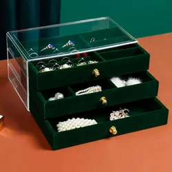 Green Jewelry Organizer Box Necklace Earring Ring Velvet Jewelry Storages Three layers Multifunction Desktop Case Women Gifts