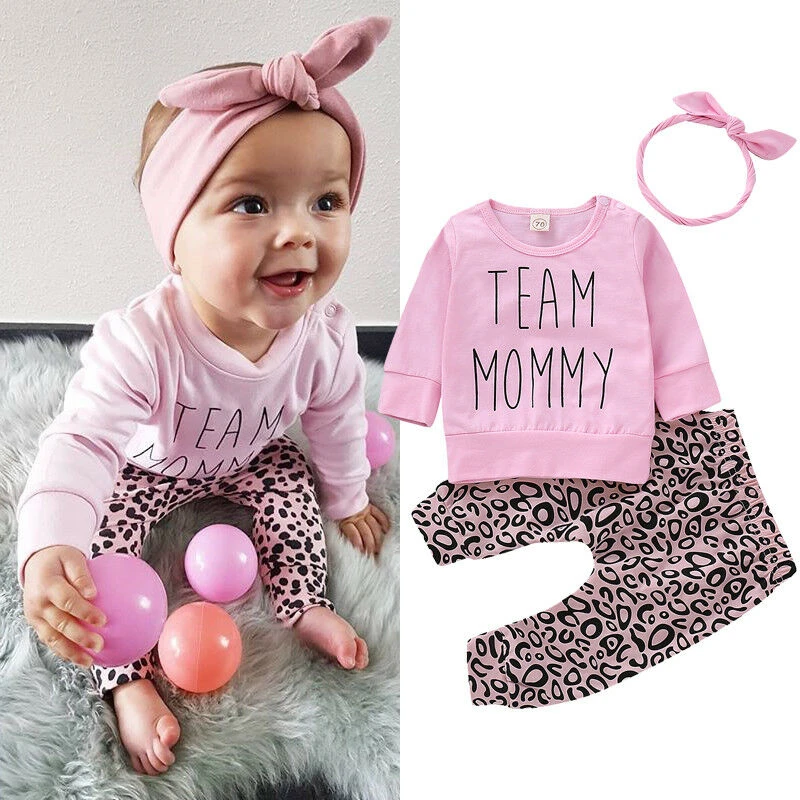 Комплект для девочек 0-24 месяцев, 3 предмета, топ для маленьких девочек, футболка+ длинные штаны с леопардовым принтом+ повязка на голову, милые наряды, комплект осенней одежды для малышей