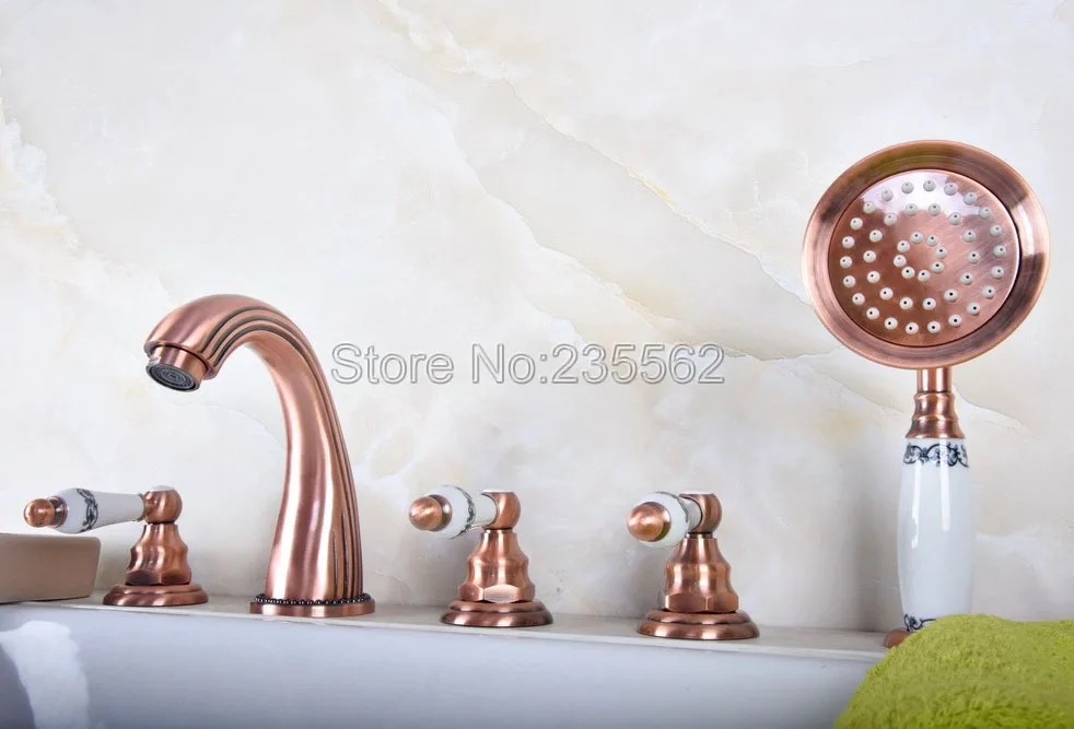 Antique Red Copper Deck Mount Widespread 5 Holes Roman Tub Faucet