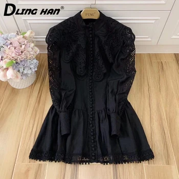 

LINGHAN Sexy Hollow Out Black Dress Women's Elegant Floral Embroidery Lantern Sleeve Beach Vacation Mini Dresses Designer New
