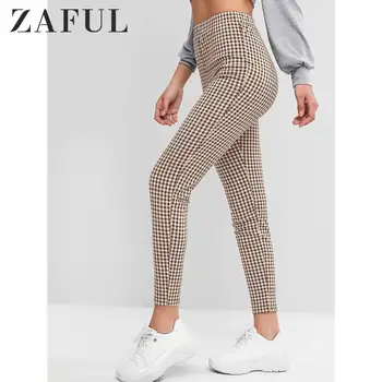 

ZAFUL High Rise Plaid Skinny Leggings 7/8 Length For Women Fall Female Pans