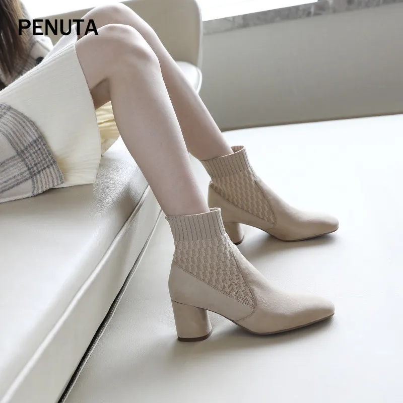 PENUTA; женские эластичные сапоги; замшевые ботильоны; Женская эластичная Осенняя обувь на не сужающемся книзу высоком массивном каблуке; дизайн; PD984