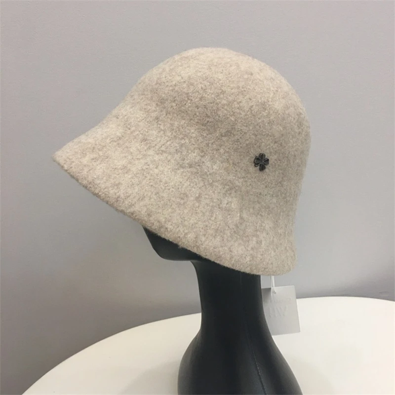 

Solid Color Wool Cloche Hat Fisherman Cap 4-leaf Clover Basin Cap Bucket Hat Wild for Winter Daily Wear Morning Workout