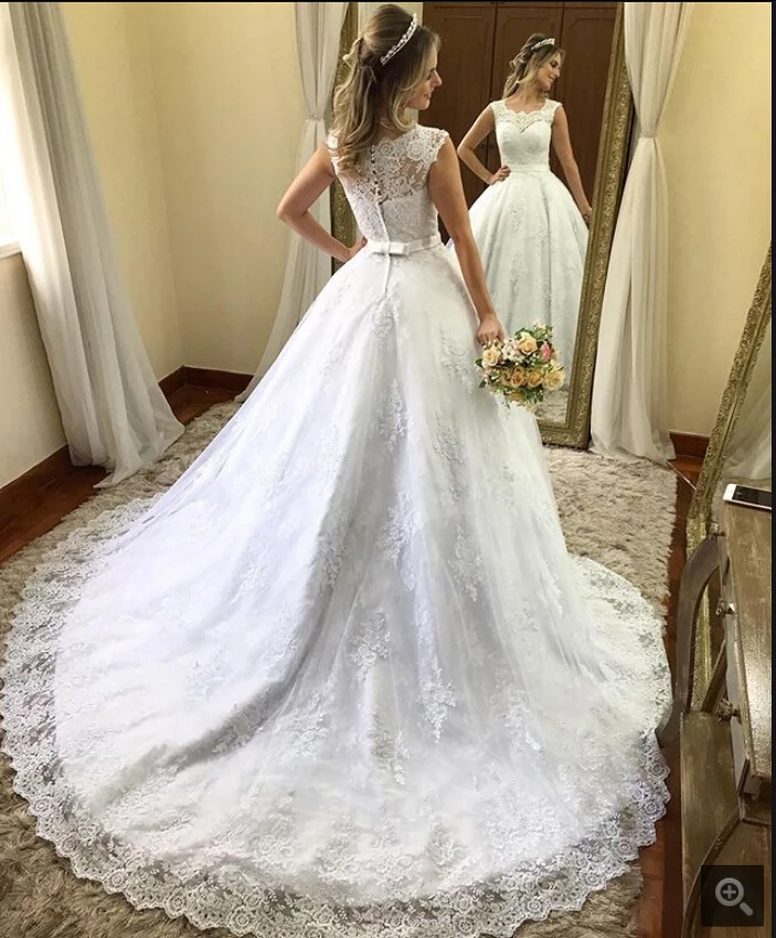 Vestido De Novia винтажная Кружевная аппликация свадебное платье со шлейфом на пуговицах сзади с коротким рукавом и вырезом лодочкой Vestidos Novia