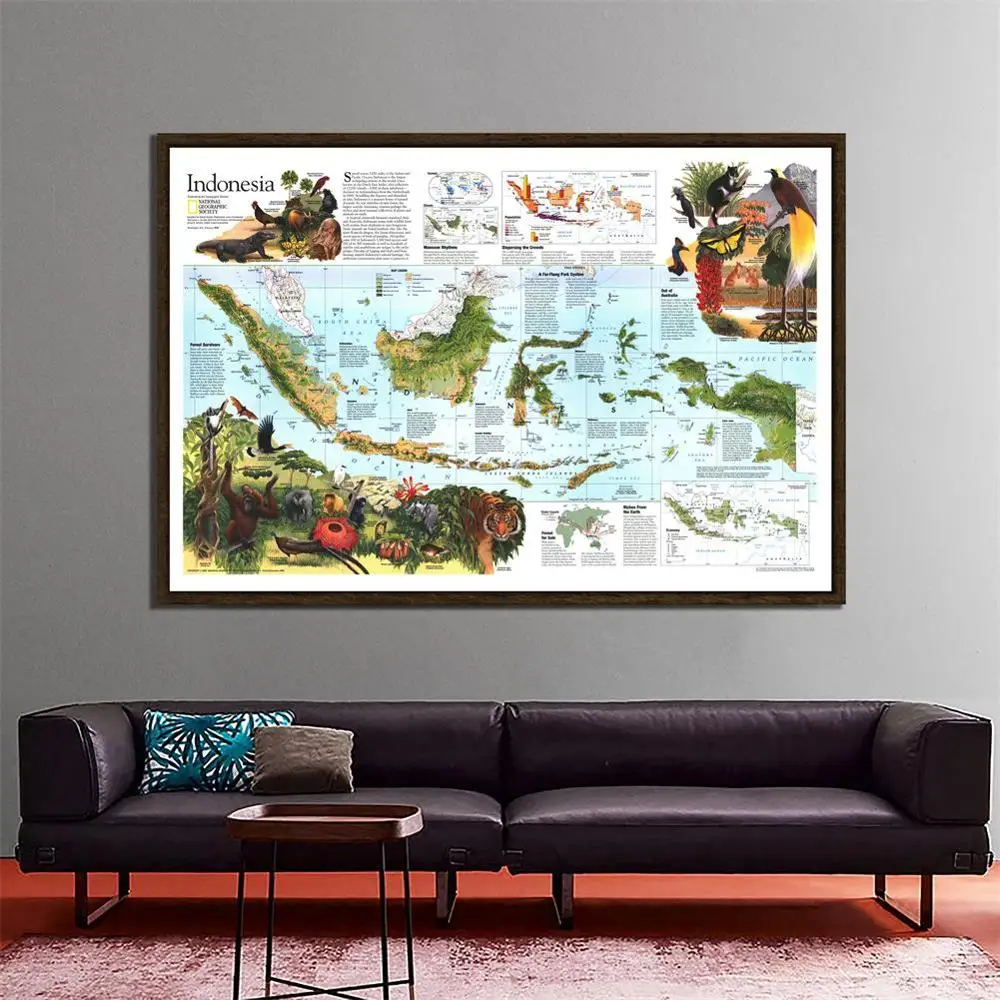 

150x225cm TIndonesia Map Animal Peta Map Posters and Prints Culture Education Wall Art Pictures canvas Paintings Home Decor