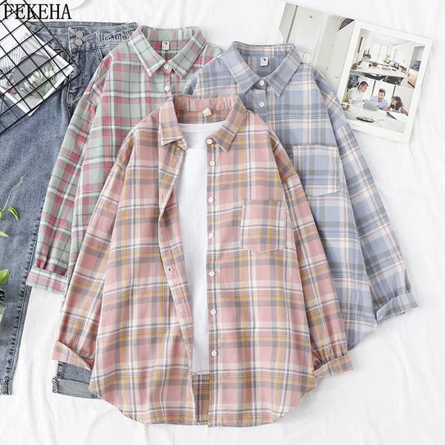 US $12.80 Women Blouses And Shirt Casual Plaid Shirts Loose Boyfriend Style 100% Cotton Ladies Tops Outwear 2