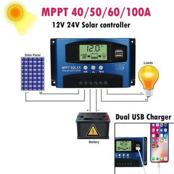 

Solar MPPT 100A 60A 50A 40A 30A Charge Controller Dual USB LCD Display 12V 24V Solar Cell Panel Charger Regulator with Load