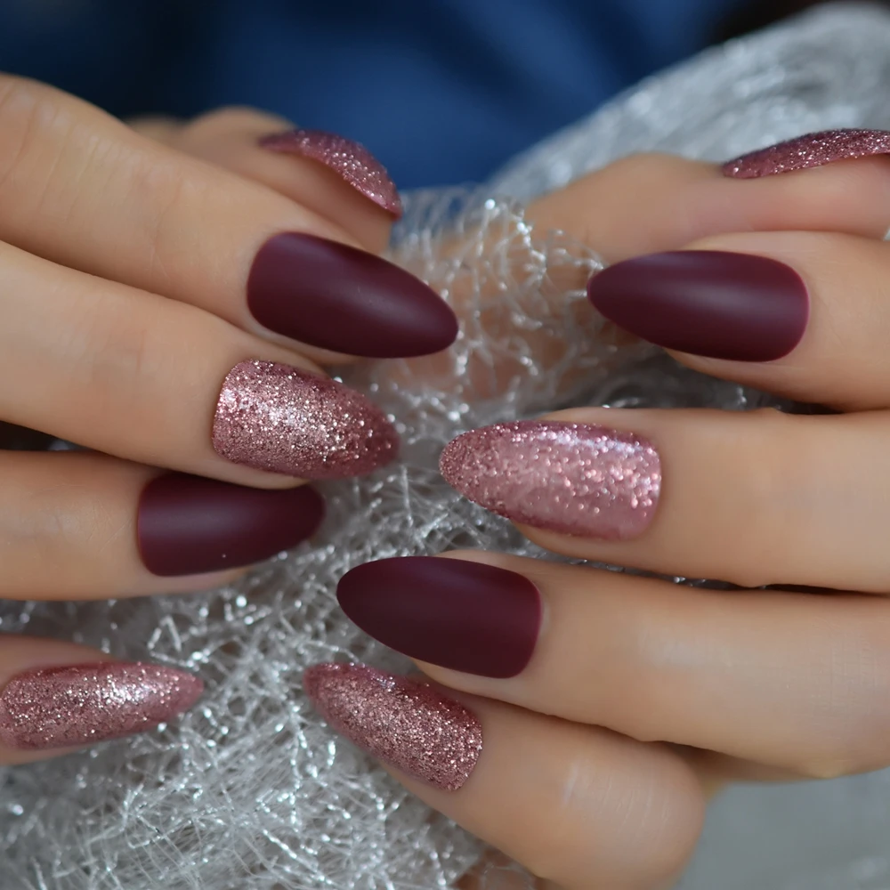 False Nails Mix Rose Gold Glitter Frosted Burgundy Matte Stiletto Full  Cover Amlond Finished Pre Design Fake Nail Tips From Caojue, $26.3 |  DHgate.Com