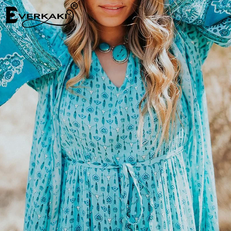 Everkaki Boho пальто кимоно женское с поясом осеннее длинное цветочным принтом
