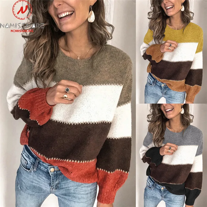 Женские осенне-зимние свитера в стиле пэчворк, подходящие по цвету Дизайнерские повседневные свободные пуловеры с круглым вырезом и длинными рукавами, рубашки для уличной носки