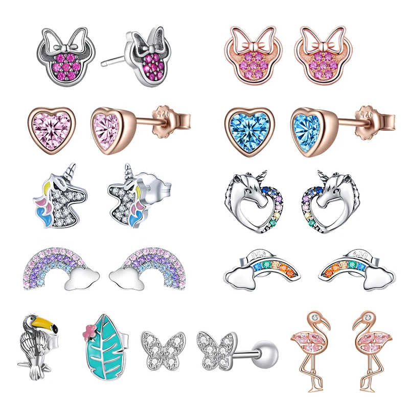 Stud-Earrings Crystal-Stone Fine-Jewelry Rainbow 925-Sterling-Silver Heart Mickey Colorful