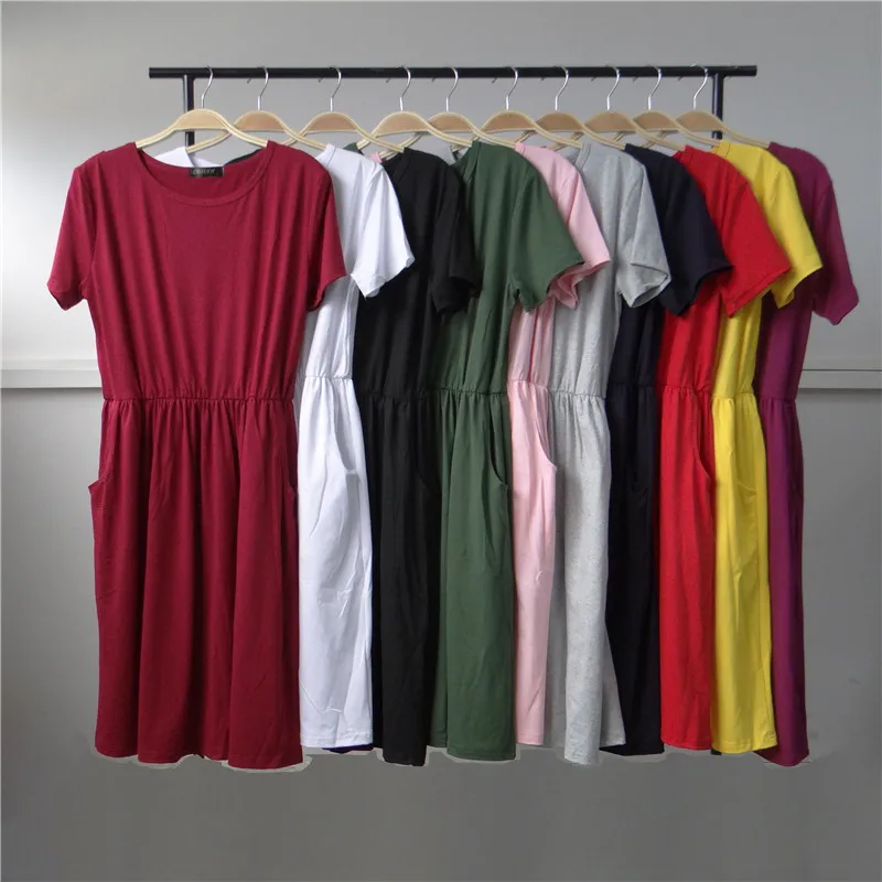 

Fashion Chic Short Sleeve Female Night Dress Solid O-Neck Loose Casual Sleepwear Home Wear 2021 Summer Midi Women Pocket Clothes