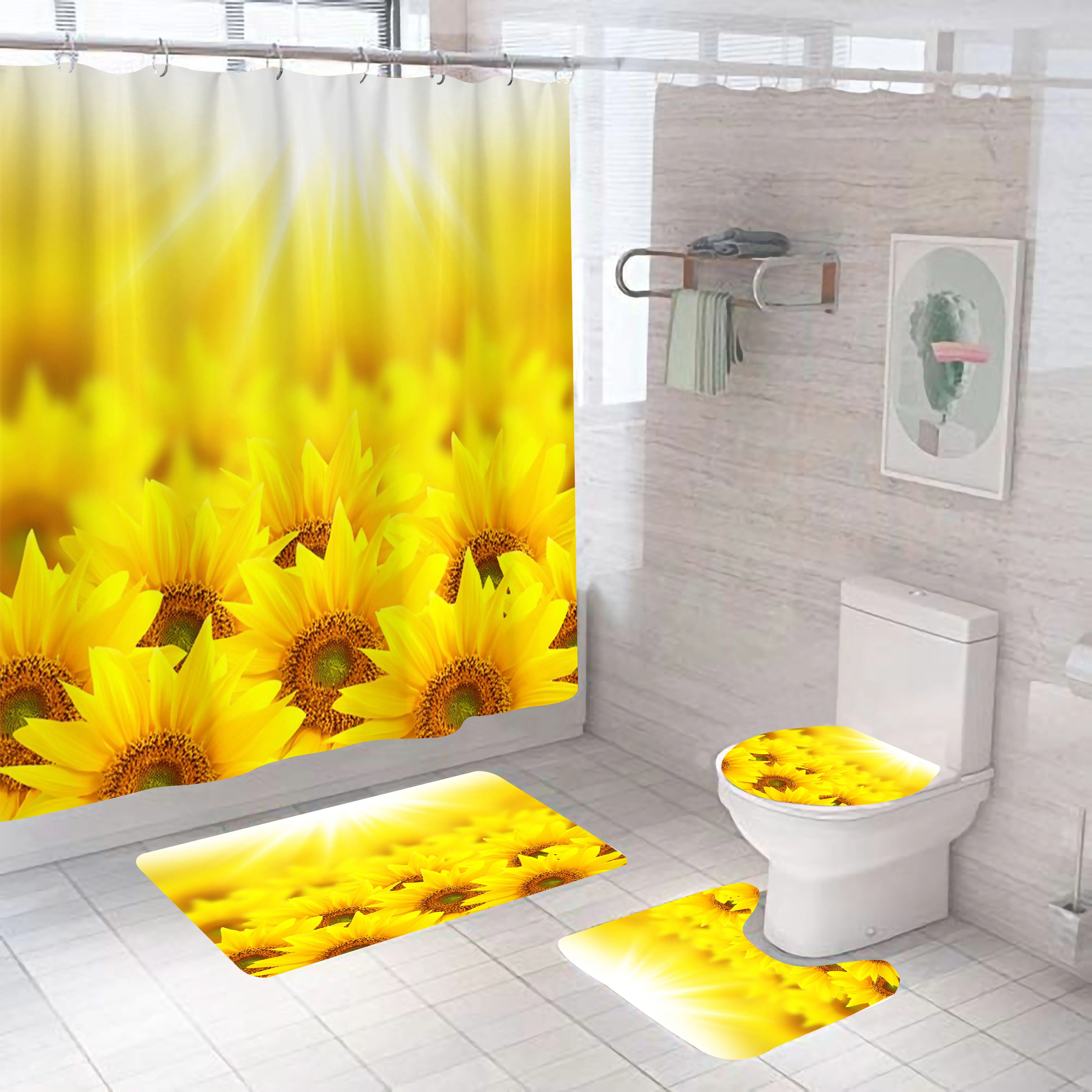 Sunflower Shower Curtain Yellow Flower Bathroom Set Fashion Pattern