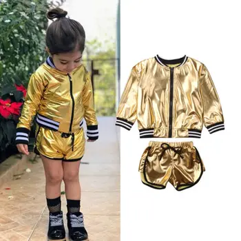 

Fashion Kids Baby Girl Clothes Metallic Jacket Tops+Short Pants 2Pcs Outifts Set Clothes