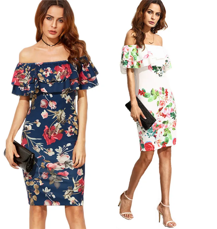 

0077 Europe And America feng chun Summer New Style off-Shoulder Original Floral Printed Dress