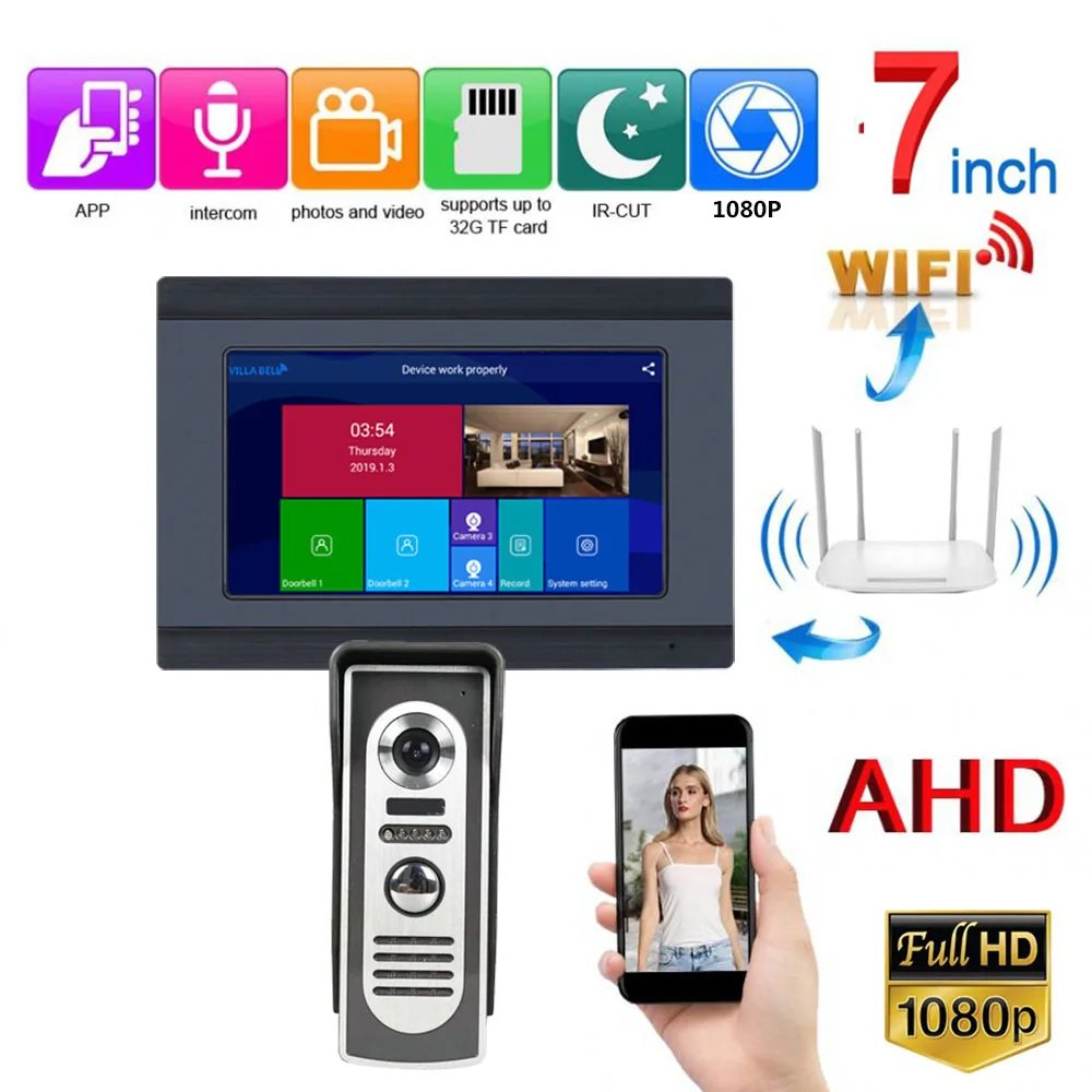 7 inch Wired Wifi Video Door Phone Doorbell Intercom Entry System with HD 1080P Wired Camera Night Vision,Support Remote APP int