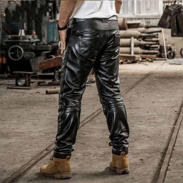 Pantalones largos de cuero genuino para hombre, recto de media para motociclista, de marca Regular, de alta talla grande, color negro _ - AliExpress Mobile