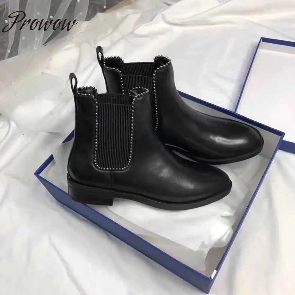 

Prowow New Genuine Leather Round Toe Ankle Boots Metal Studded Slip On Autumn Winter Boots Shoes Women