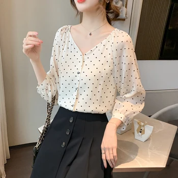 

COIGARSAM Three Quarter Sleeve Shirt Womens tops Spring Chiffon Polka Dot Thin V-Neck Women shirts Apricot 901