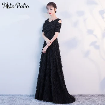 

Elegant Black Evening Dresses Long 2020 O-neck Off The Shoulder Floor-length A-line Evening Gown With Short Sleeve