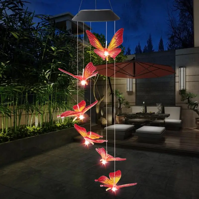 6LED Solar Power Changeable Light IP65 Waterproof Colorful Butterfly Wind Chime Lamp for Home Outdoor Garden Yard Decoration