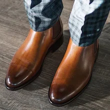 Мужская деловая обувь однотонные кожаные ботильоны мужские ботинки на низком каблуке без застежки, ботинки в деловом стиле из искусственной кожи Модные Мужские модельные туфли D40