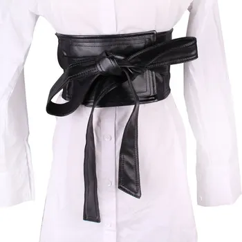 

European Ladies Soft PU Waistband Selt-tie Bowknot Waist Belt Fashion Black Leather Slim Corset Strap Dress Shirt Coat Belt 2019