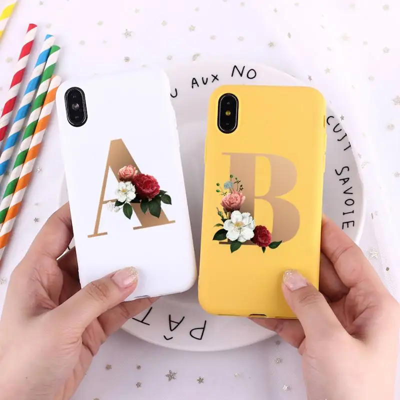 

Flower 26 English name letters custom Phone Case Candy Color for iPhone 6 7 8 11 12 s mini pro X XS XR MAX Plus