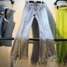 Роскошные Жемчужные Джинсы Расклешенные Дамы Бисероплетение расклешенные брюки с бахромой длиной до щиколотки женские узкие джинсы, брюки женские джинсовые брюки LT232S30