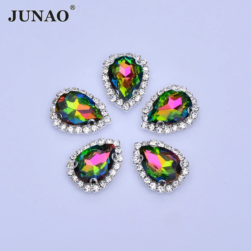 

JUNAO 13*18mm Rainbow Color Drop Glass Rhinestone Sewing Crystal Stone Silver Bottom Claw Strass For Needlework Decoration