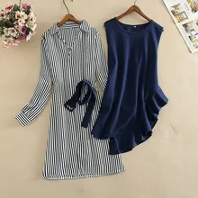 

Spring Korean 2 Piece Set All-match Turn-down Collar Loose Striped Shirt + Chic Sashes O-neck Ruffle Vest Dress Women New Suits