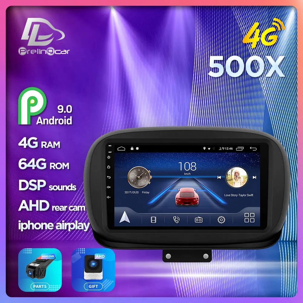 prelingcar For fiat 500X Car monitor Radio Multimedia Video Player Navigation GPS Android 9.0 DSP stereo