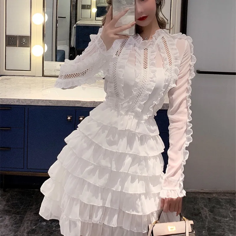 

Spring Women's Hollowing Out Lotus leaf Edge Lace Dress French Layers Of Cake Dress Fashion Sweet Princess Dress Vestidos